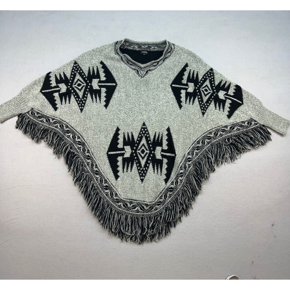 Fantazia Womens Black White Tribal Geometric Knit Fringed Poncho Sweater Small